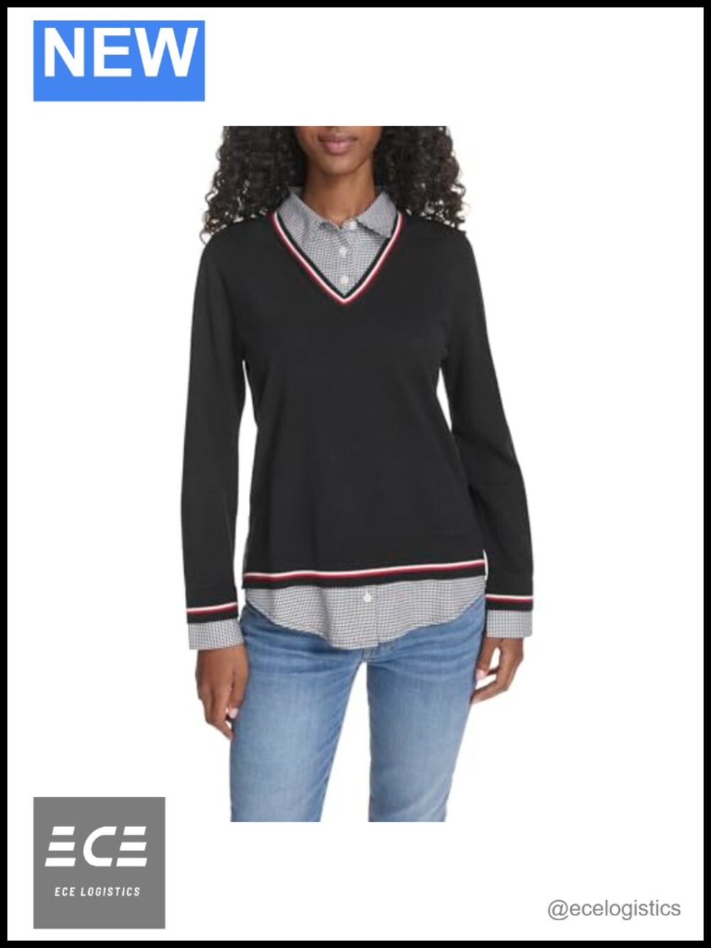 Tommy Hilfiger Womens Long Sleeve Button Up Collared Twofer Sweater